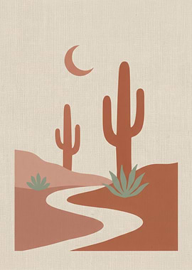 Desert Landscape with Cacti and Moon