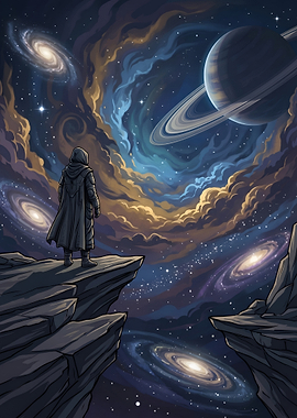 Hooded Wanderer Gazing at Ringed Planet