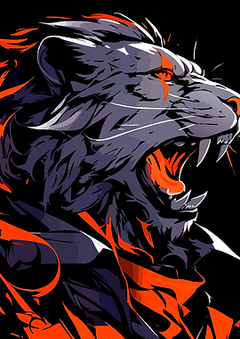 Fierce Lion Roaring with Orange Flames