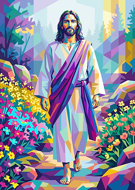 Jesus Walking Through a Colorful Landscape