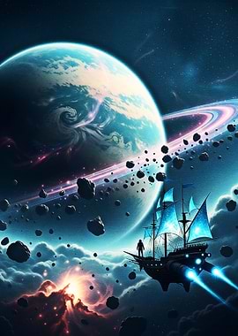 Sci-fi spaceship near a ringed planet