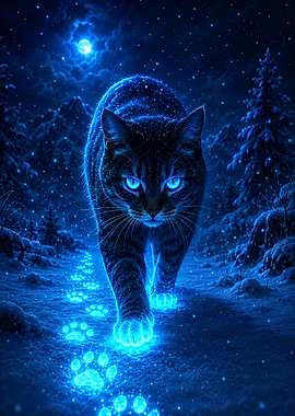 Mystical Cat Walking in Snowy Night