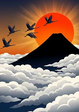 Cranes Flying Over Mount Fuji at Sunrise