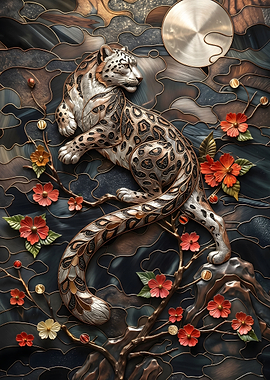 Snow Leopard with Flowers Stained Glass