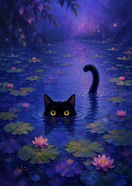 Black Cat in a Lily Pond