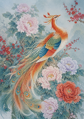 Phoenix with Peonies and Plum Blossoms