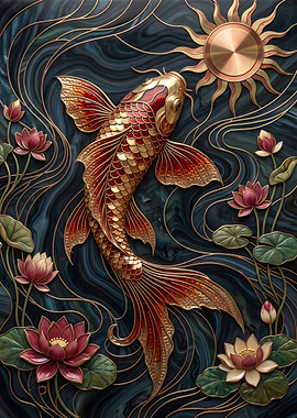 Koi Fish with Lotus Flowers