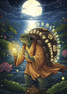 Mystical Turtle Wizard in Lotus Pond