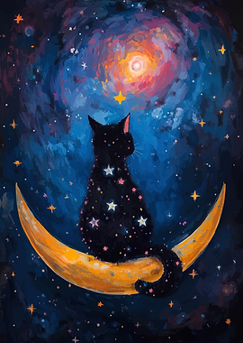 Black Cat on Crescent Moon in Space