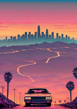 Retro Car Driving Towards Cityscape