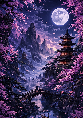 Serene Japanese Pagoda Under a Full Moon