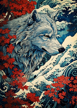 Wolf Amidst Waves and Maple Leaves