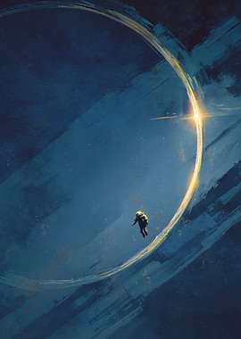 Astronaut floating in space near a glowing portal