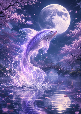 Magical Koi Fish Jumping Under the Moon