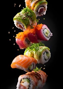 Assortment of Sushi Rolls Falling