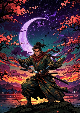 Samurai Warrior Under a Crescent Moon
