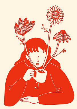Woman with Flowers in Coffee Cup
