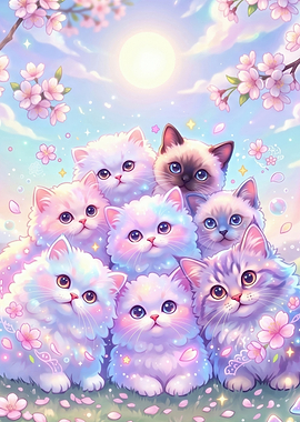 Cute Kittens Under Cherry Blossoms