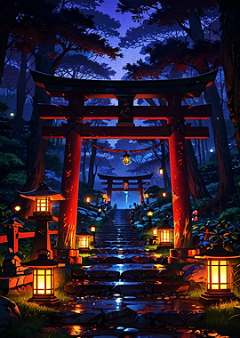 Enchanted Japanese Forest Shrine at Night
