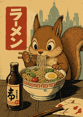 Cute Squirrel Ramen Poster - Vintage Japanese Food Animal Wall Art
