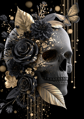 Gothic Skull with Black and Gold Flowers