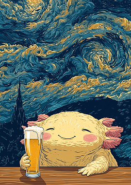 Axolotl Enjoying Beer Under Starry Sky