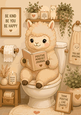 Cute Llama Reading in Bathroom