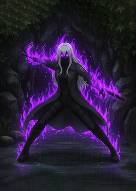 Anime character with purple fire aura