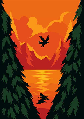 Pixel Art Sunset Over Lake with Eagles