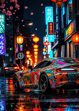 Graffiti Sports Car in Neon Tokyo Street