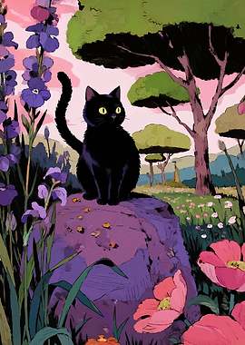 Black cat in a floral landscape
