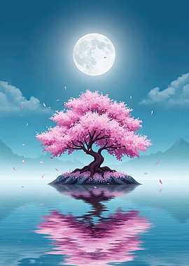 Cherry Blossom Tree Under Full Moon