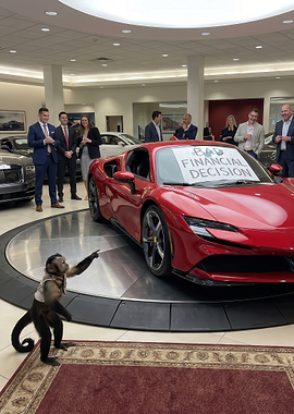 Monkey points at Ferrari with 'Bad Financial Decision' sign