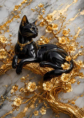 Black Cat with Gold Flowers