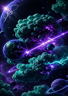 Cosmic Nebula with Planets and Lightning