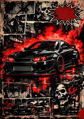 Aggressive Black Sports Car with Red Accents