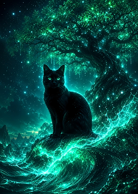 Black Cat in a Mystical Forest
