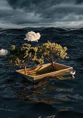 Boat island with trees in stormy sea