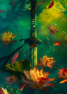 Samurai Sword Amidst Lotus Flowers