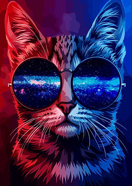 Cat Wearing Sunglasses with Galaxy Reflection