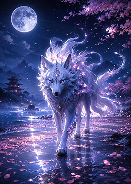 Mythical White Wolf Under a Full Moon
