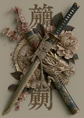 Dragon and Katana with Cherry Blossoms