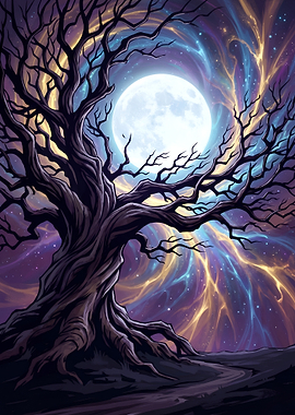 Gnarled Tree Under a Cosmic Full Moon
