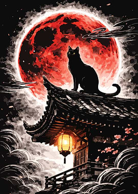 Black Cat on Rooftop Under Red Moon
