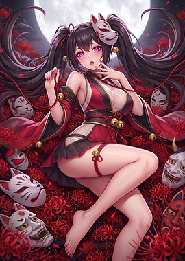 Kitsune Anime Girl in Red Spider Lilies