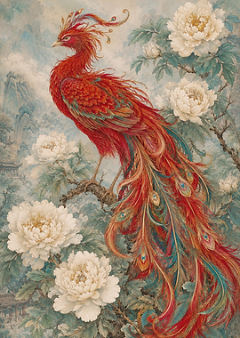 Phoenix with Peonies and Mountains