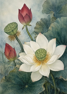 Watercolor Lotus Flowers and Seed Pods