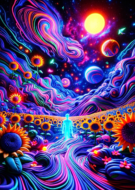 Cosmic Sunflower Field with Glowing Figure