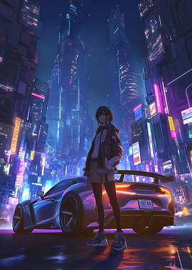 Anime Girl with Sports Car in Cyberpunk City