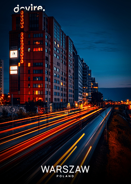 Warsaw Cityscape at Night with Light Trails
